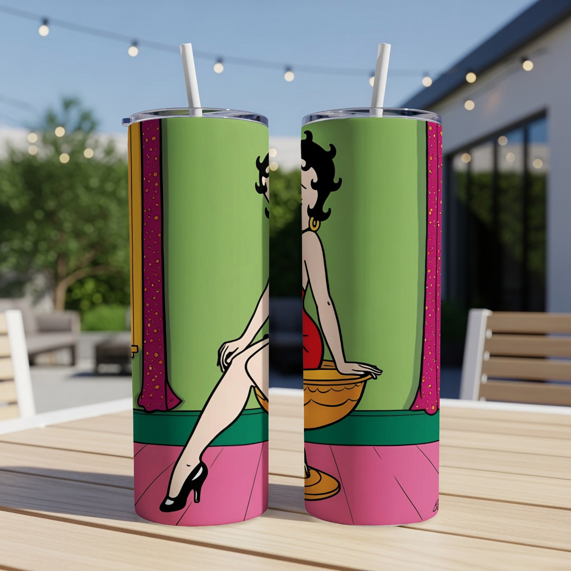 Betty Boop in red dress sitting on pedestal, green and pink background.