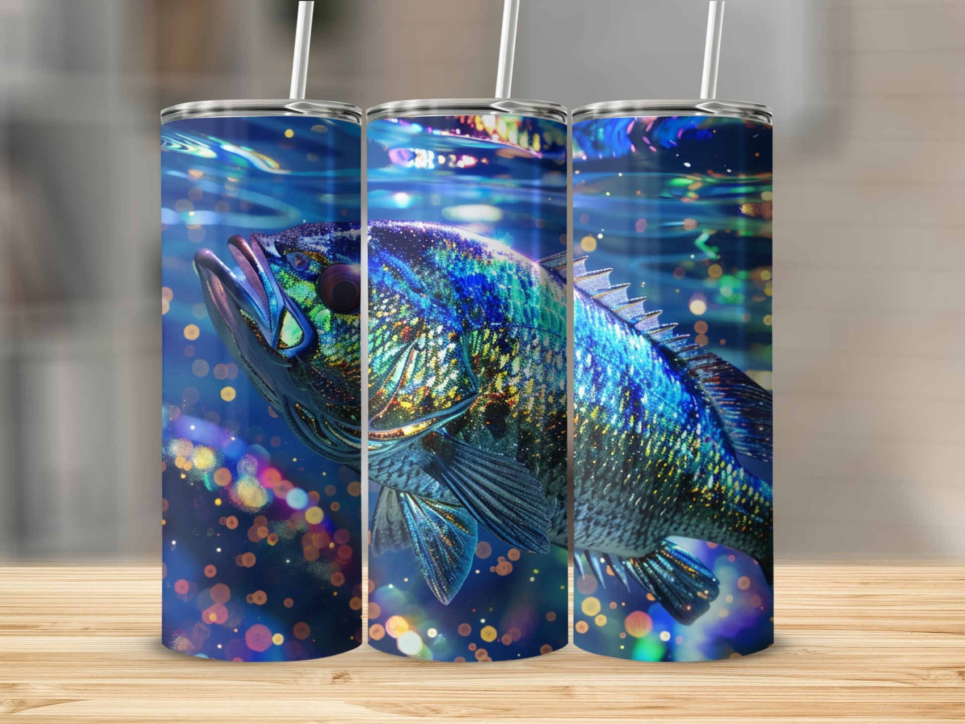 Close-up of a colorful, iridescent fish swimming underwater with bokeh lights.