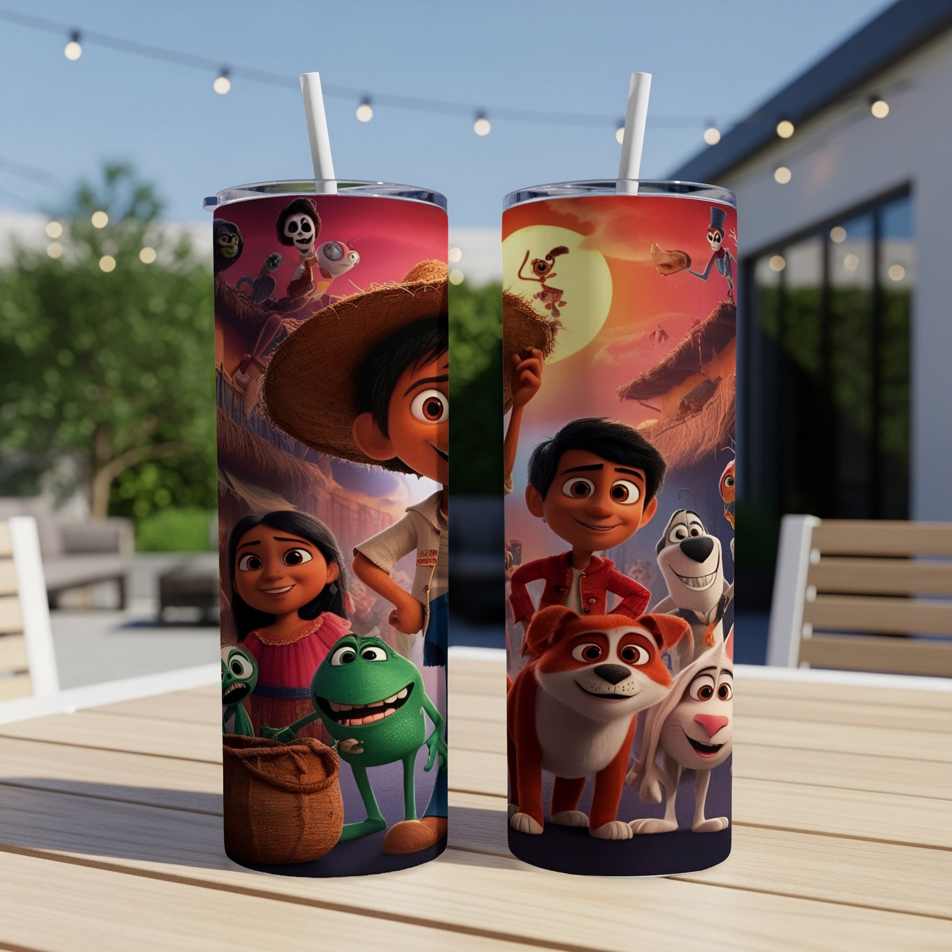 Two tall tumblers featuring characters from the movie Coco.