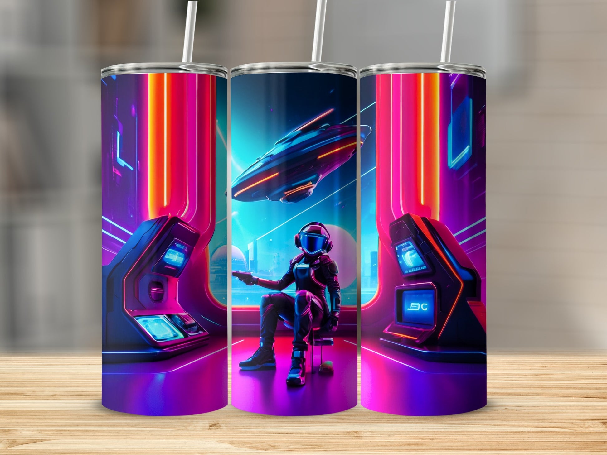 Futuristic gamer in helmet sitting with controller between neon-lit arcade machines.