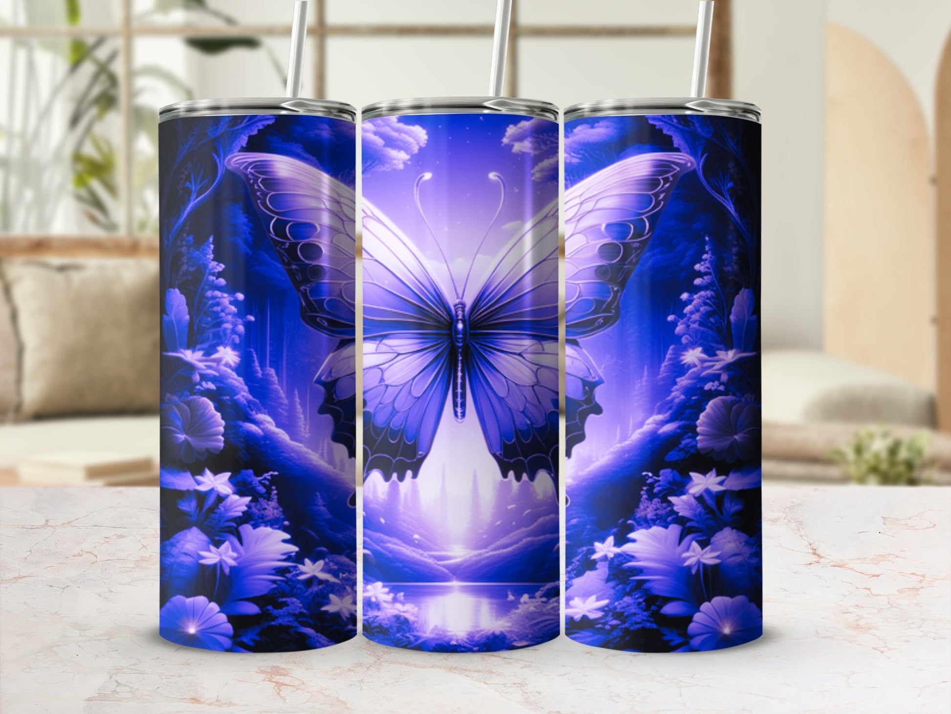 Blue butterfly design on a cylindrical tumbler with floral accents.