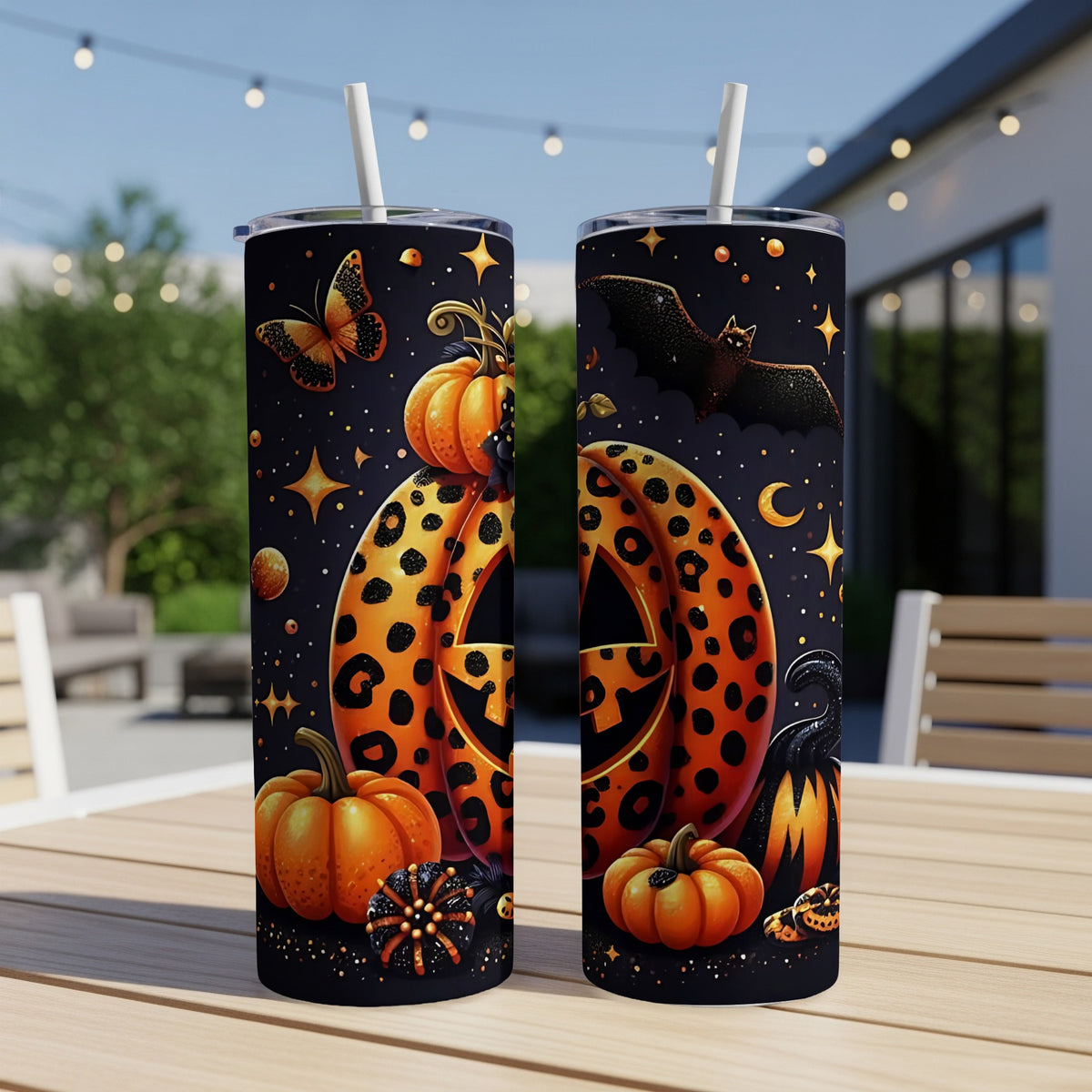 Two Halloween-themed tumblers with pumpkins, butterflies, and bats on a dark background.