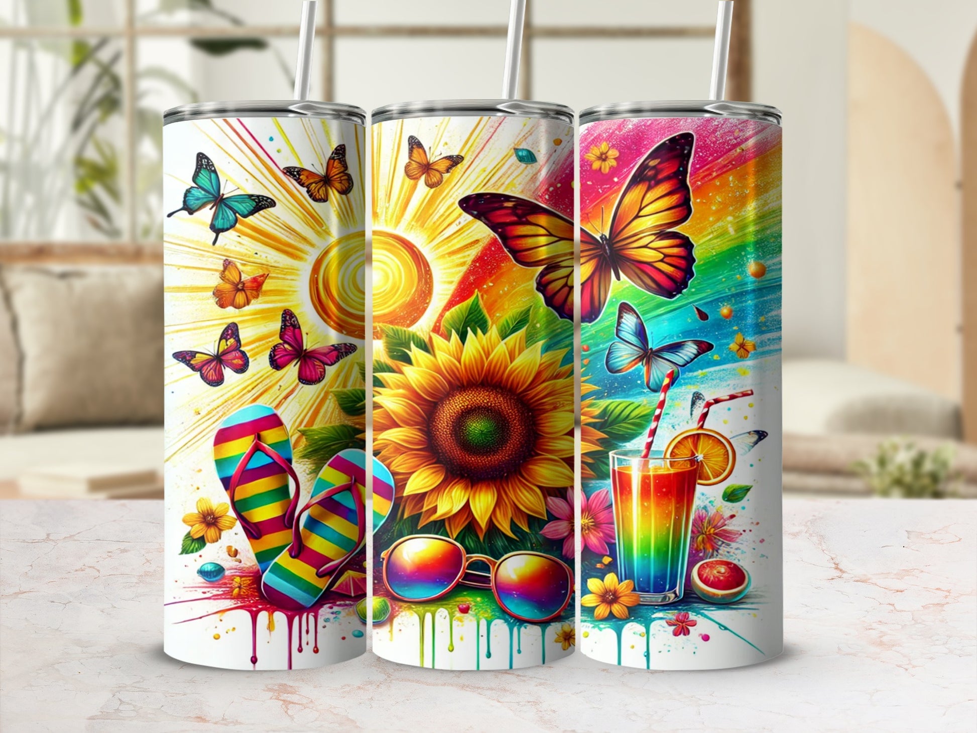 Vibrant Summer-Themed Butterfly and Sunflower Tumbler