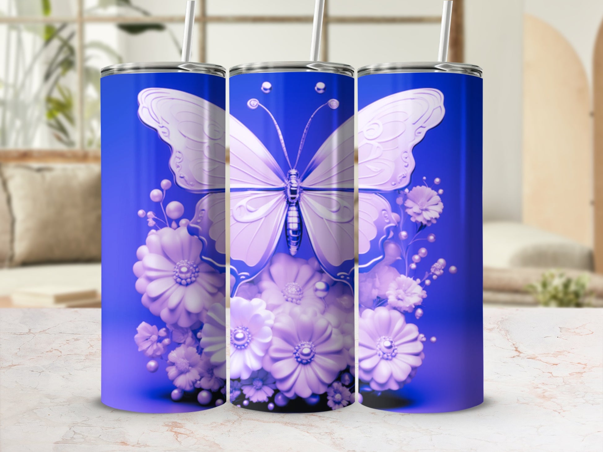Purple butterfly and floral design on three tumblers.
