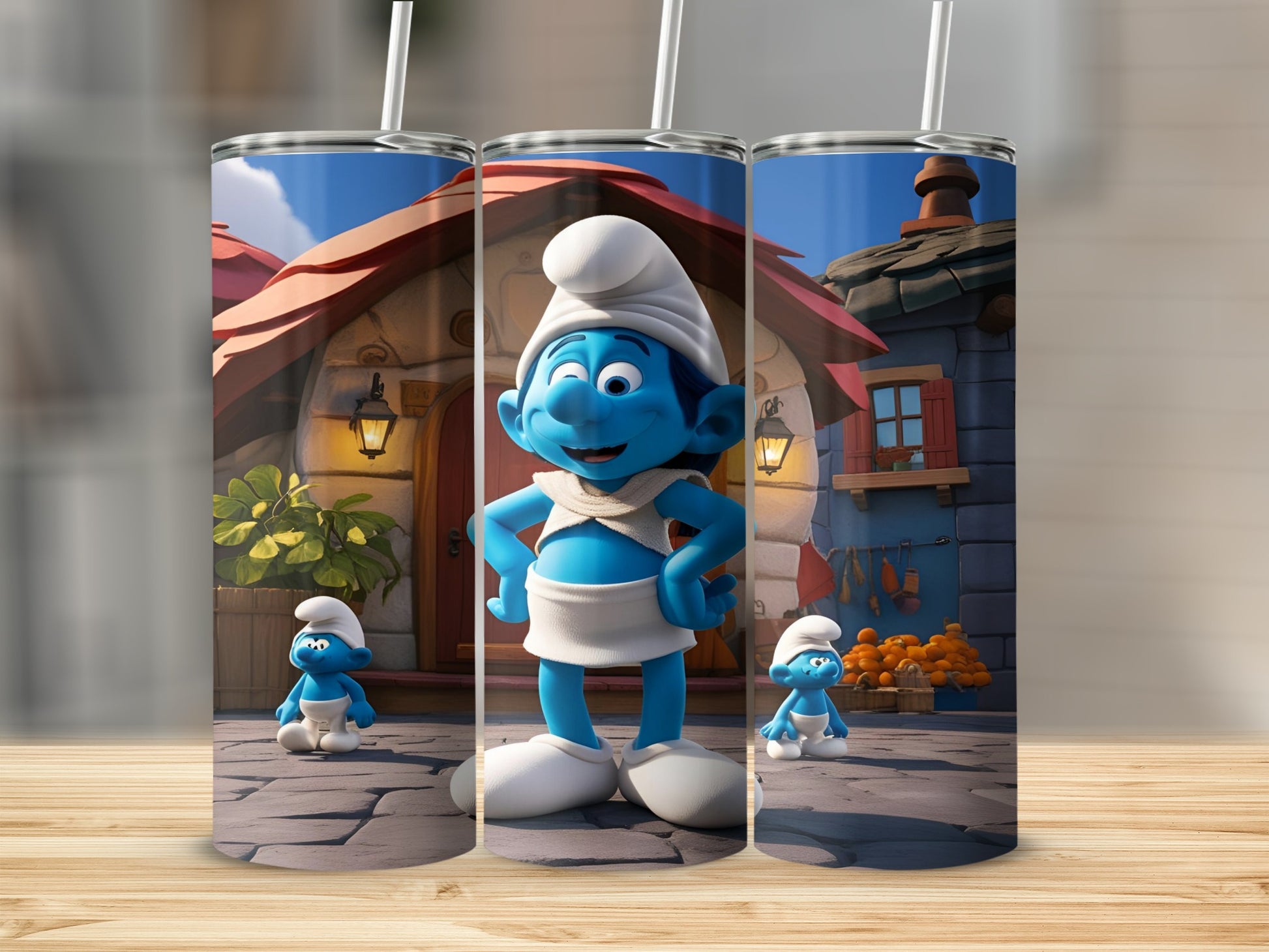 Smurf character with a white hat and skirt on a wooded surface.