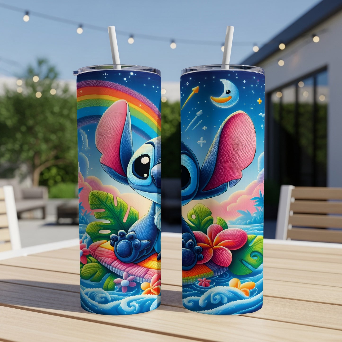 Two tall, skinny tumblers featuring Stitch on a tropical, rainbow-themed background.