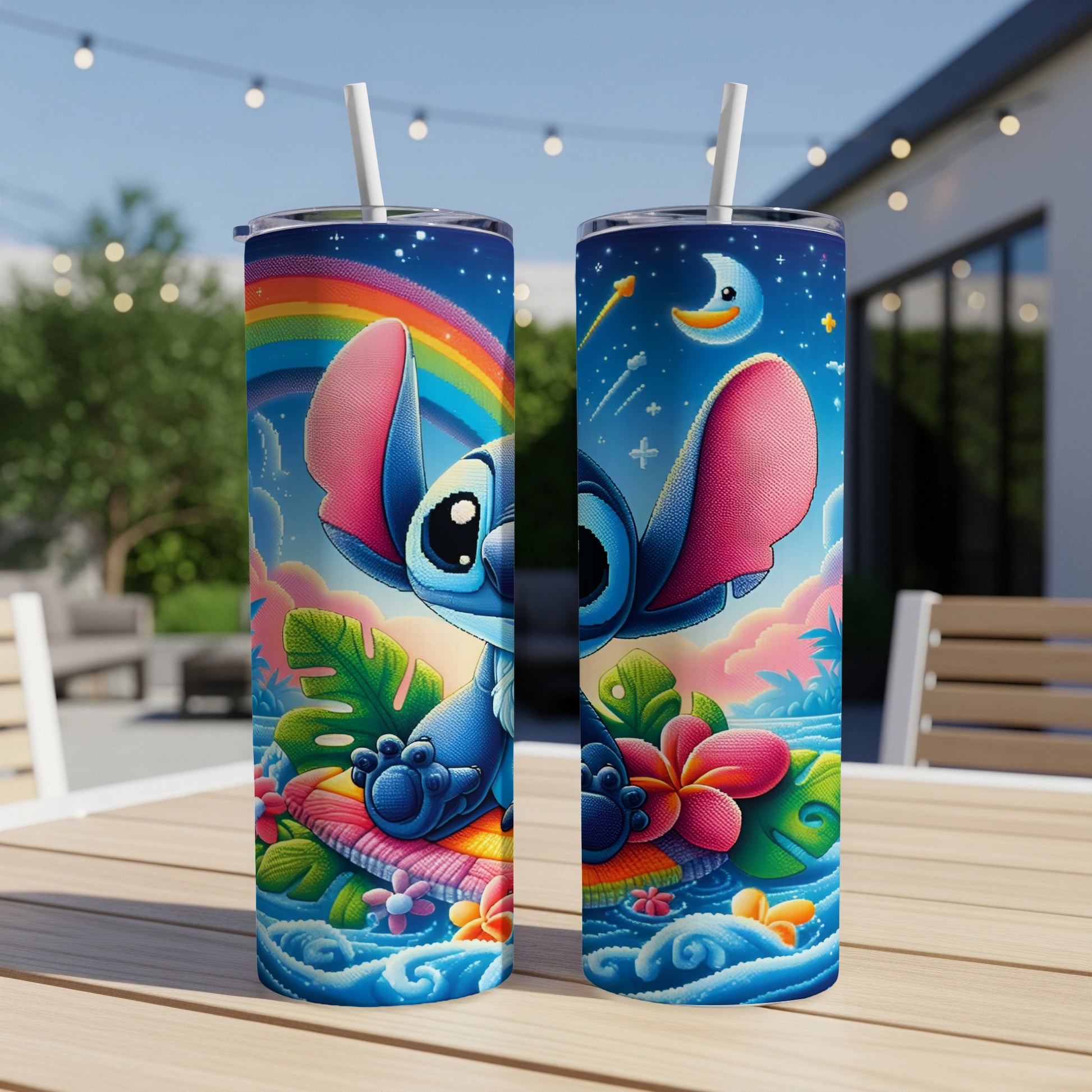 Two tall, skinny tumblers featuring Stitch on a tropical, rainbow-themed background.