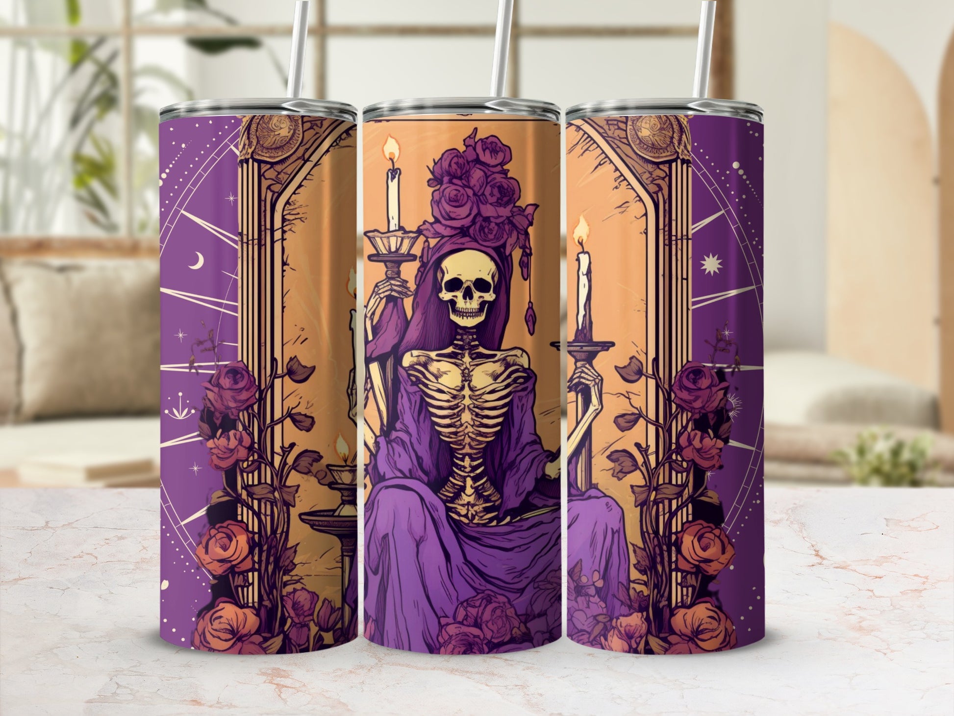 Gothic Skeleton Holding Candles Tumbler Cup Design