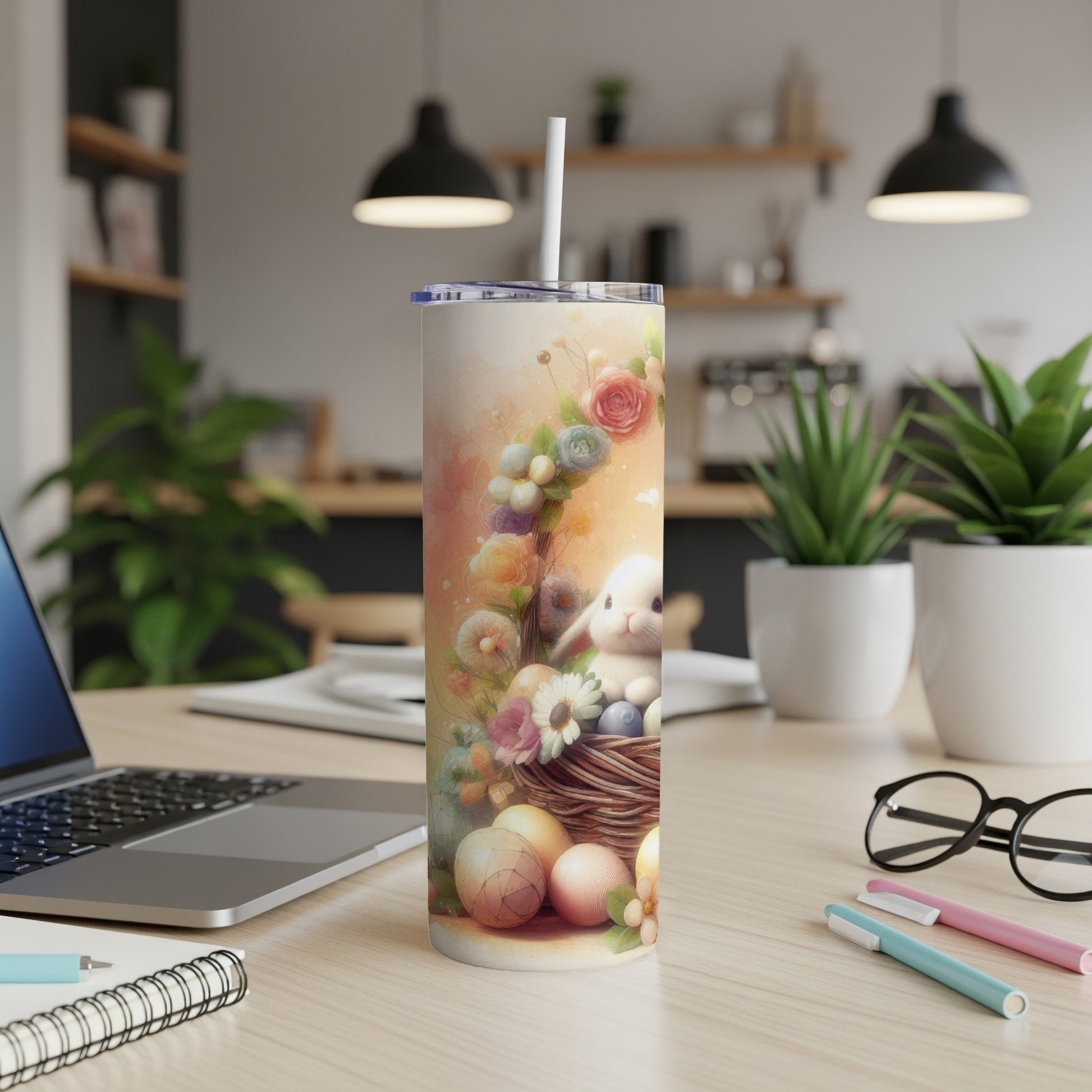 Easter bunny and eggs on a tumbler with floral design.