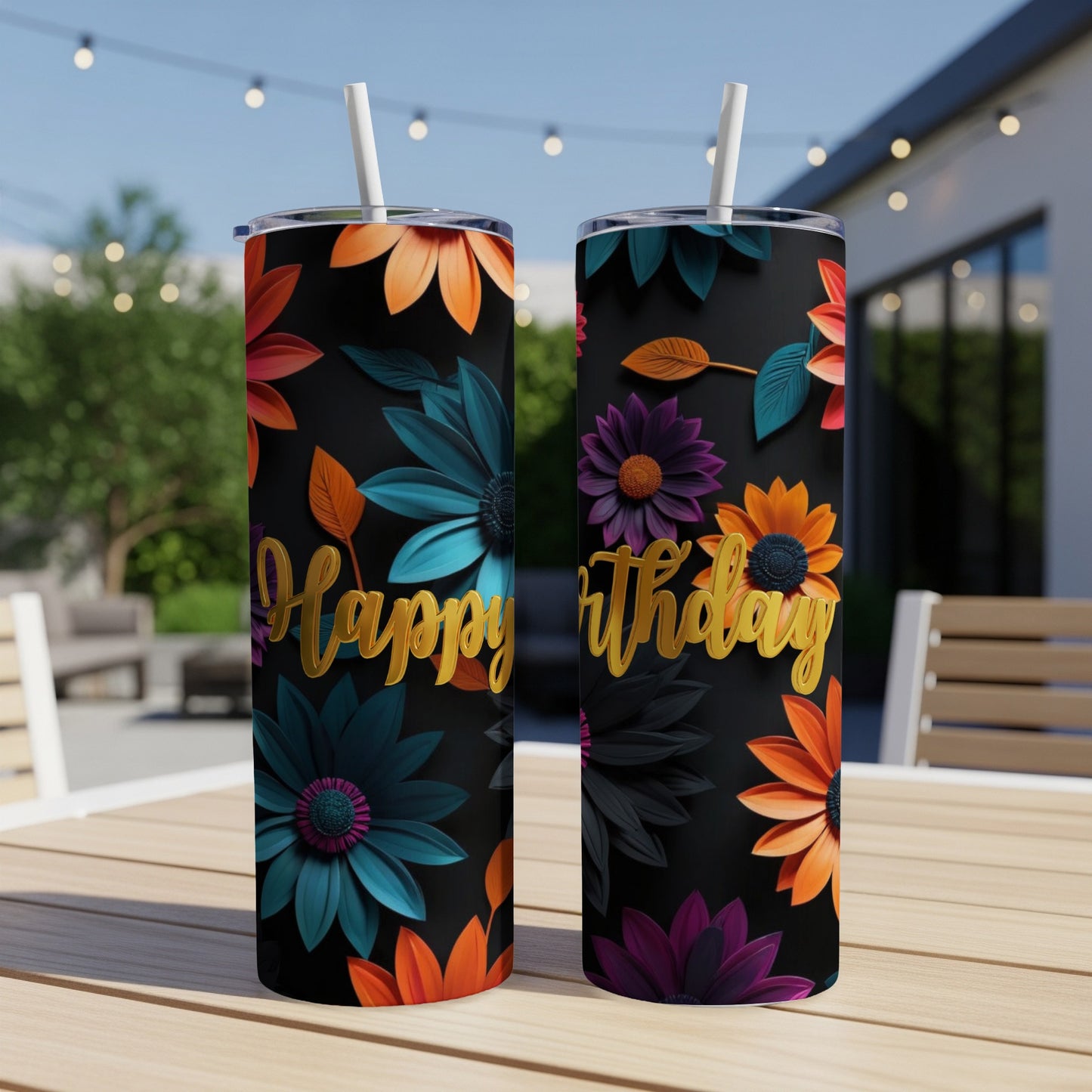 Black tumbler with colorful floral pattern and "Happy Birthday" text.