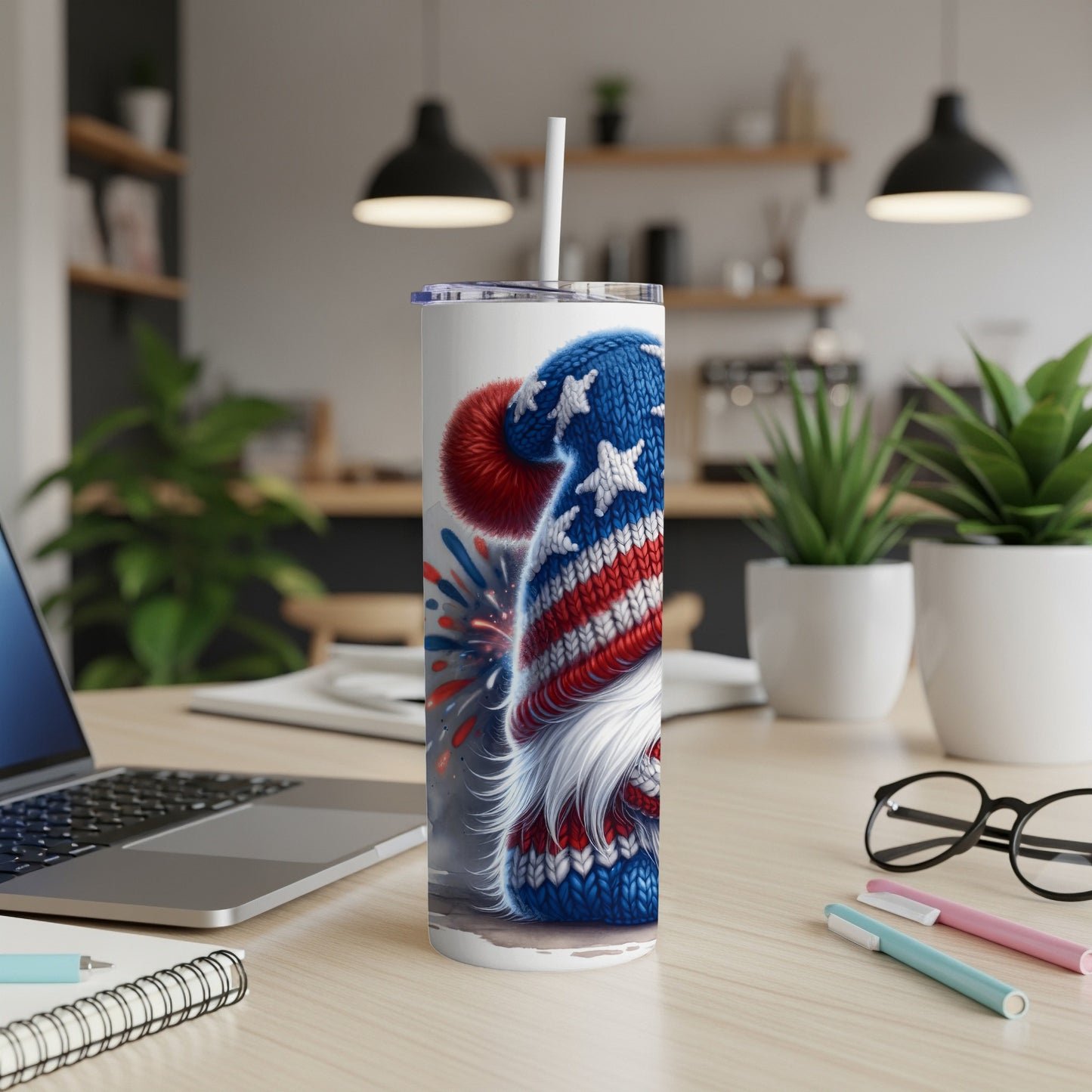 Gnome tumbler with patriotic hat, stars, and fireworks.