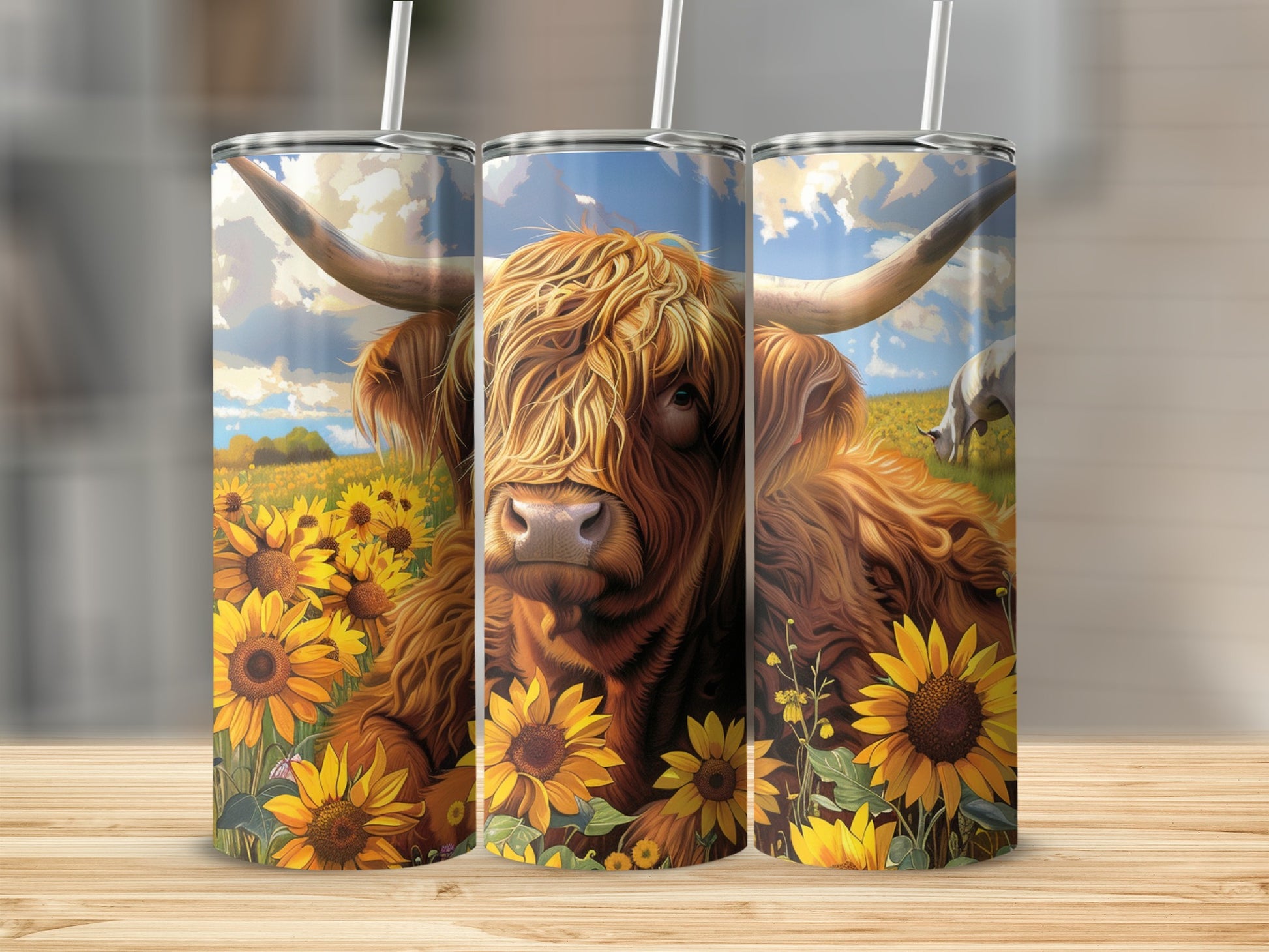 Highland cow portrait among sunflowers on a 20 oz tumbler.