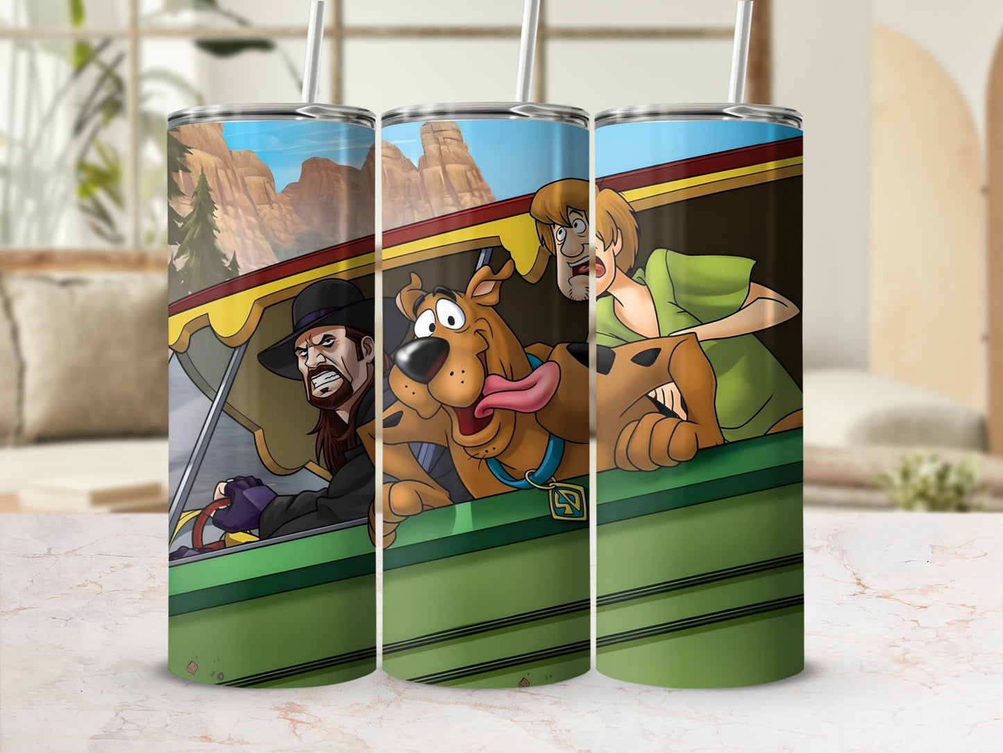 Scooby-Doo and Shaggy in a vehicle, with a man driving.
