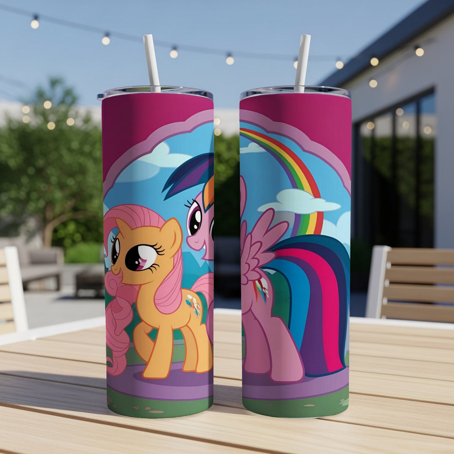 Two tall tumblers with My Little Pony characters and a rainbow.