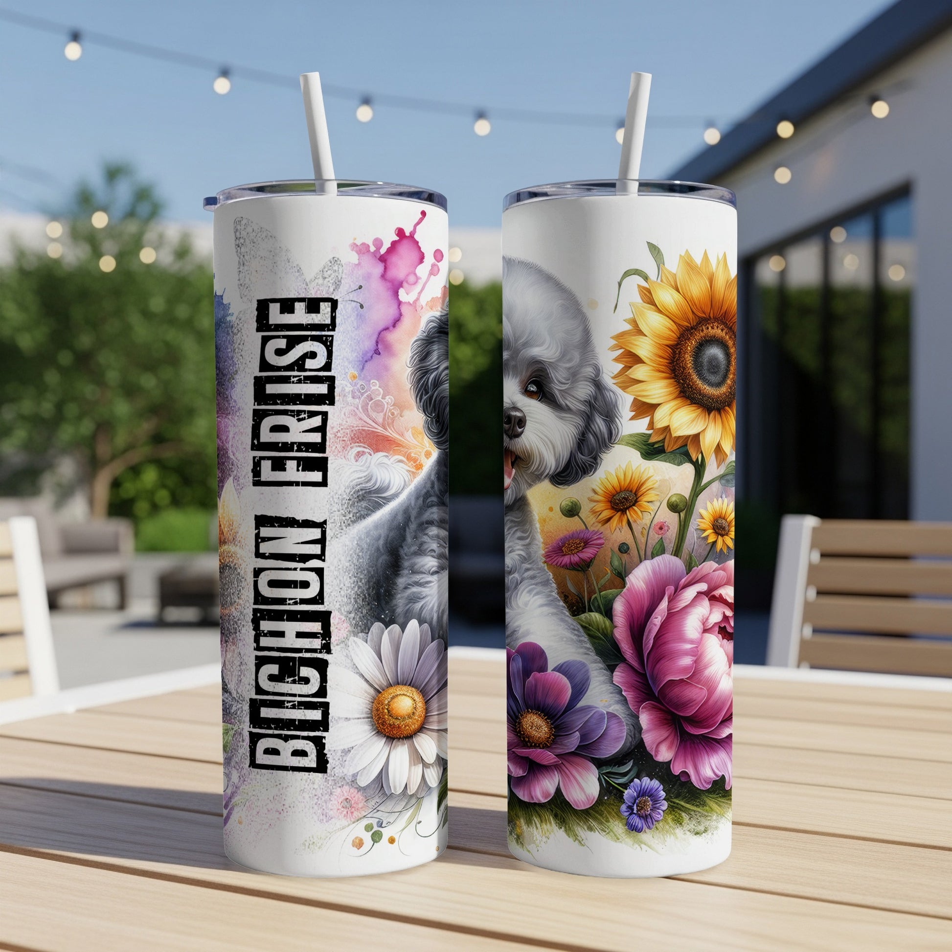 Bichon Frise artwork on two tumblers with floral accents.