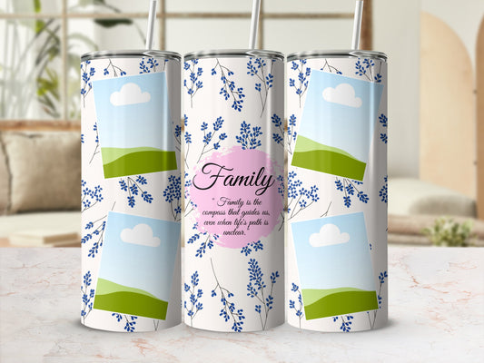 Three tumblers with blue floral pattern, photo placeholders, and "Family" quote.