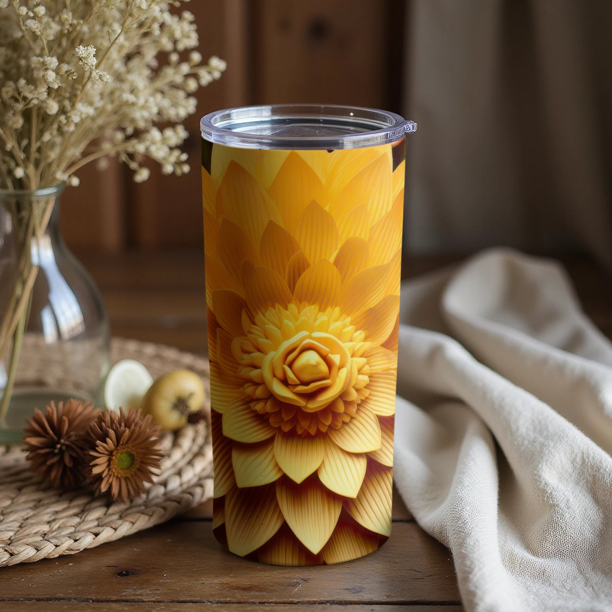 Bright Yellow Floral Insulated Travel Tumbler Cup