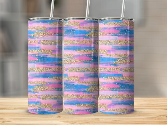 Three tall, skinny tumblers with pink, blue, and gold glitter brushstroke design.