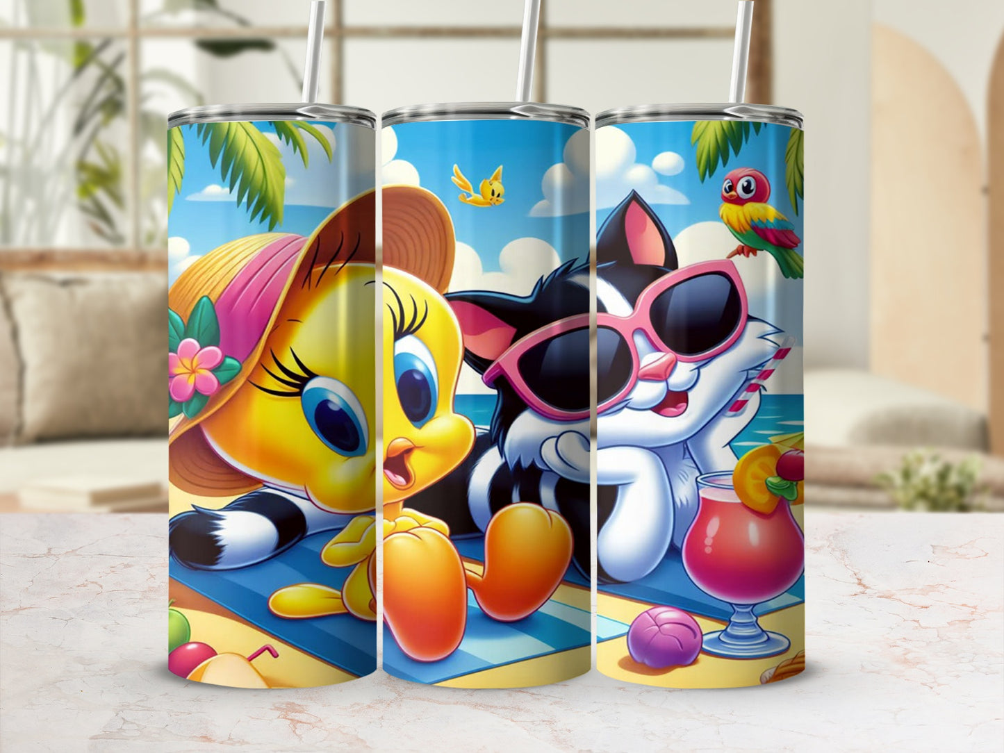 Cute Cartoon Cats and Birds Design Insulated Tumbler