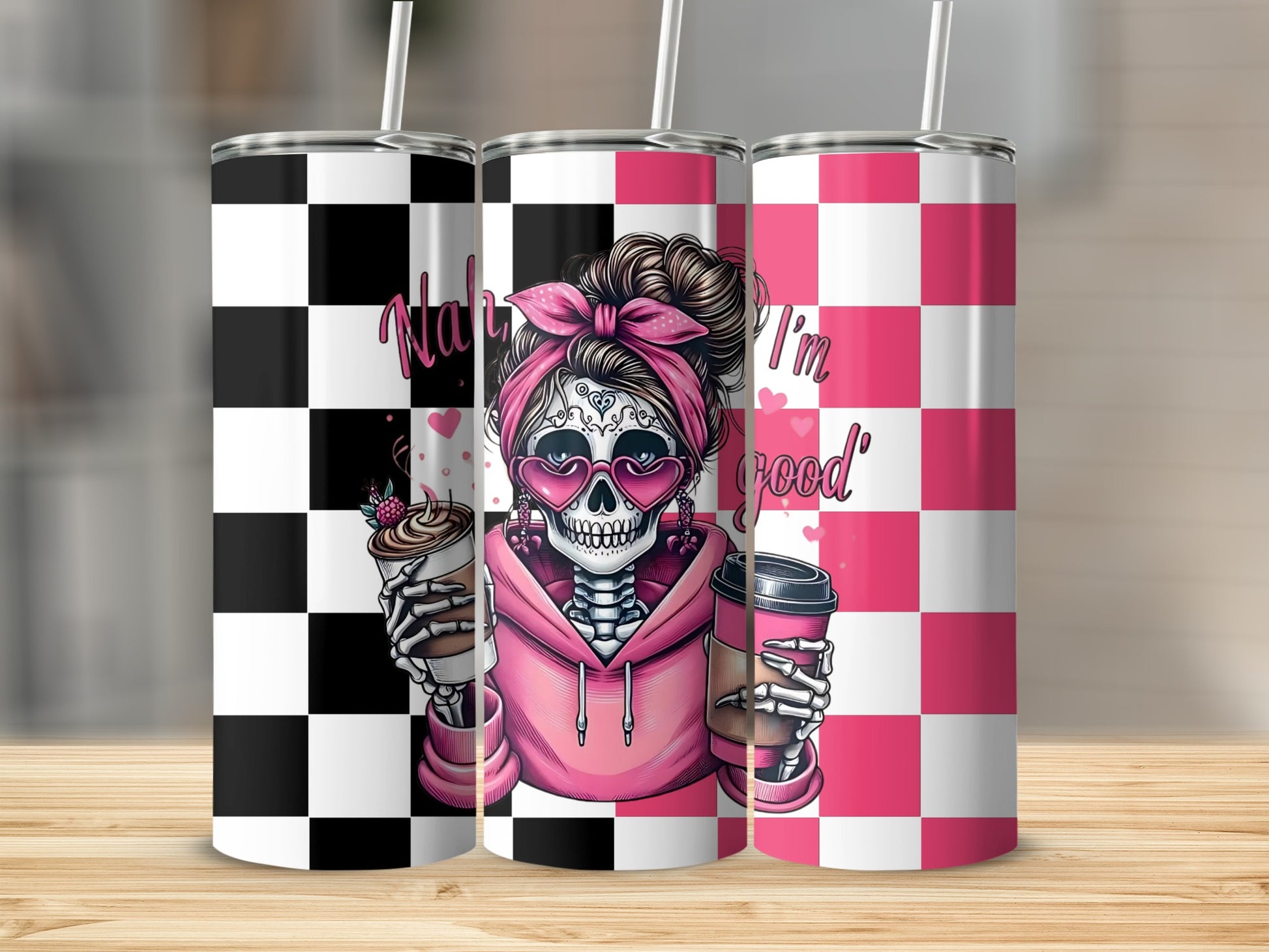 Pink and Black Checkered Tumbler with Cute Skeleton Design