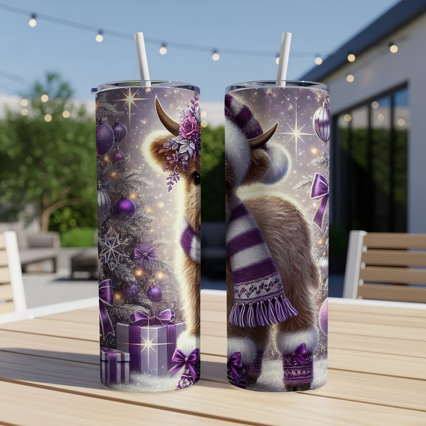 Two tumblers featuring a fluffy cow wearing a festive scarf and hat.