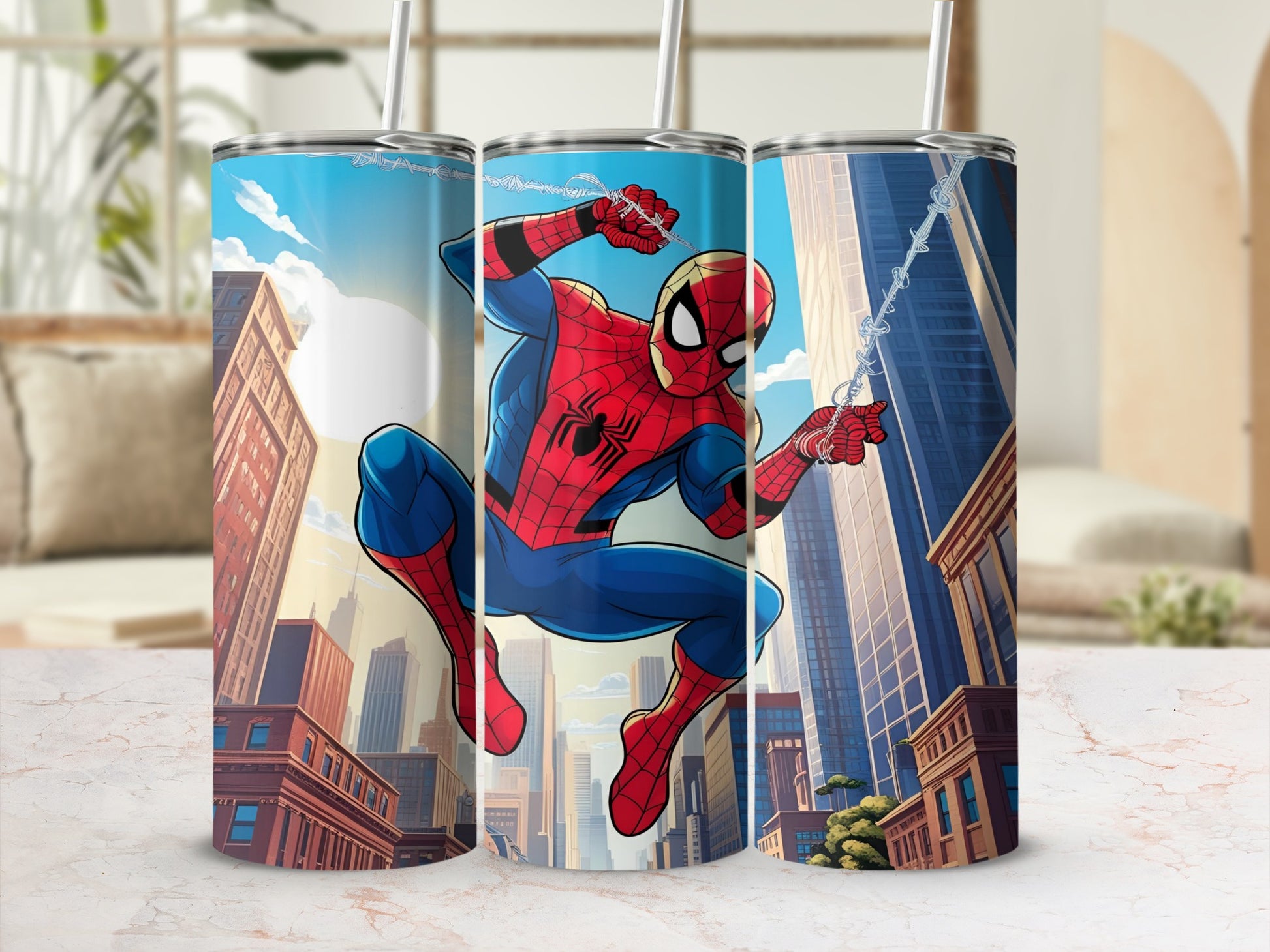 Spider-Man swings between skyscrapers in a city.