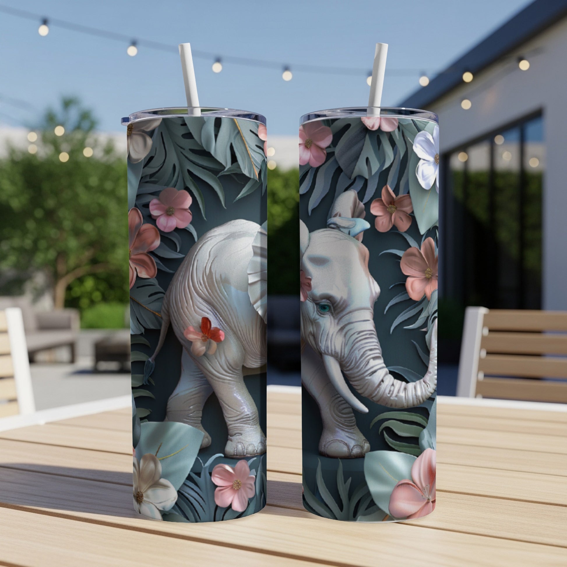 White elephant with pink flowers and tropical leaves on a dark background.
