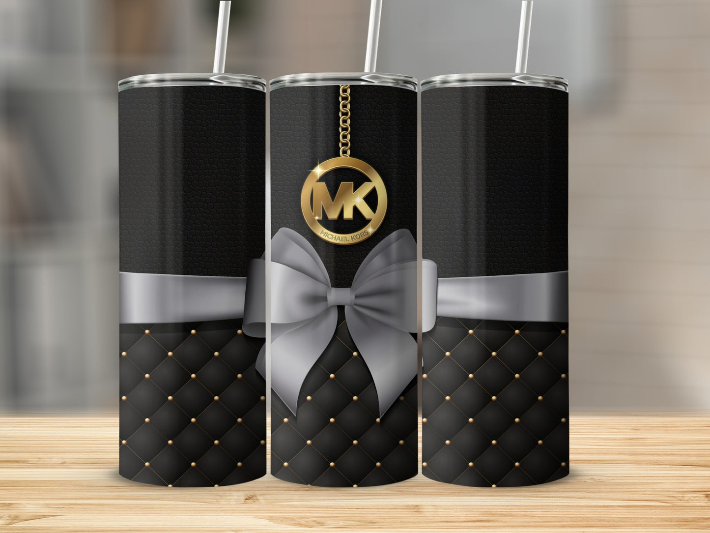 Stylish Black and Gold Quilted Tumbler with Bow Cup
