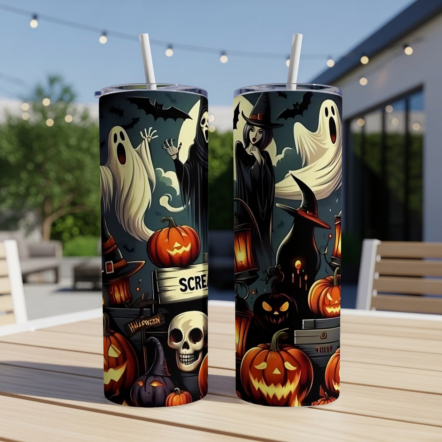 Halloween tumbler with ghosts, witches, pumpkins, and bats, text "Scream".