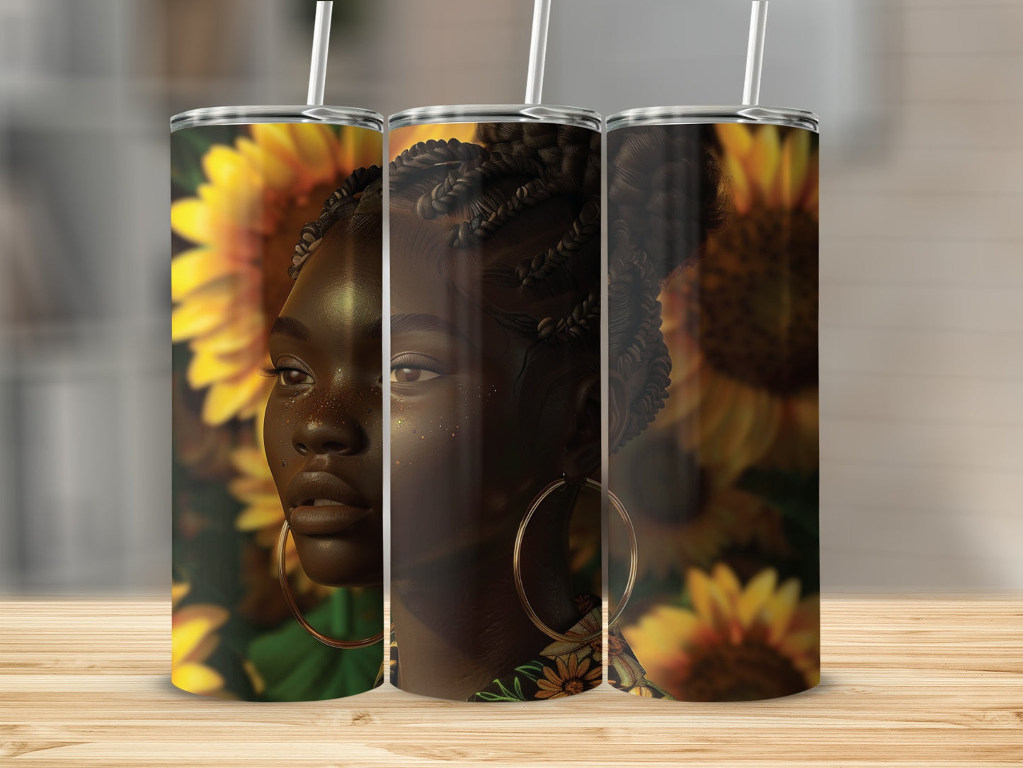 Woman with braids and hoop earrings against a sunflower background.