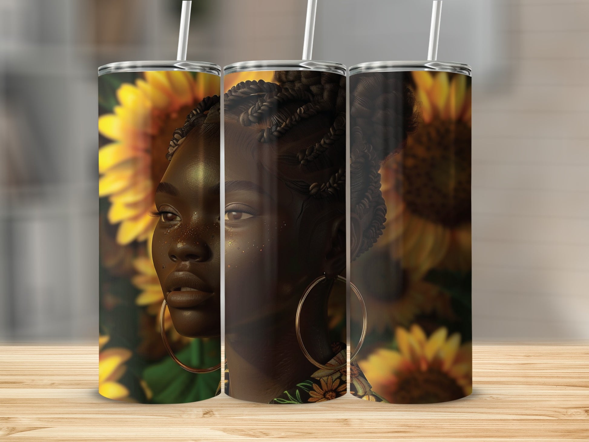 Woman with braids and hoop earrings against a sunflower background.