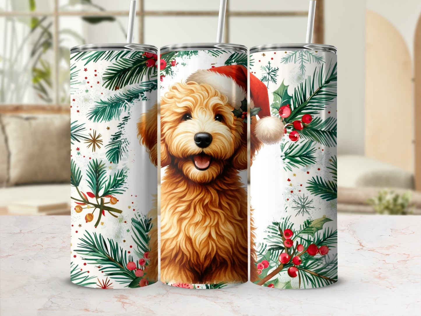 Golden retriever wearing a Santa hat surrounded by holly and pine needles.