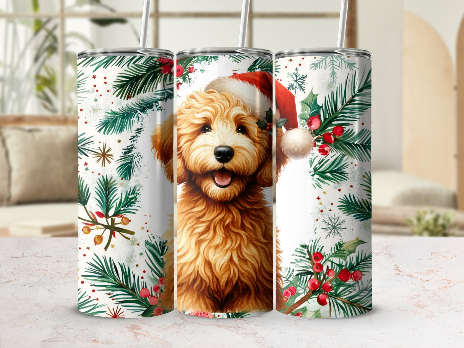 Golden retriever wearing a Santa hat surrounded by holly and pine needles.
