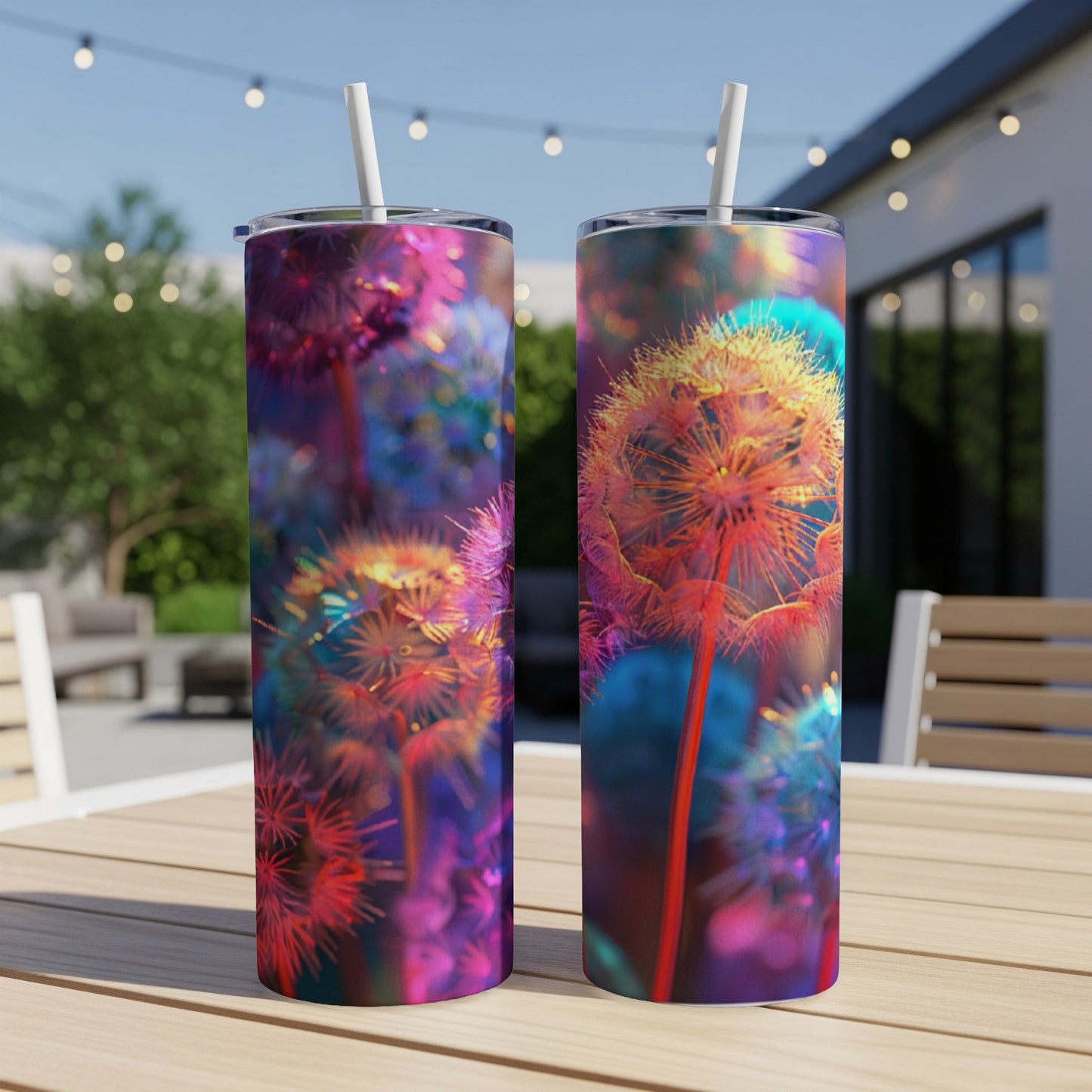 Two tumblers with blurred dandelion seed head artwork featuring vibrant pink and blue colors.