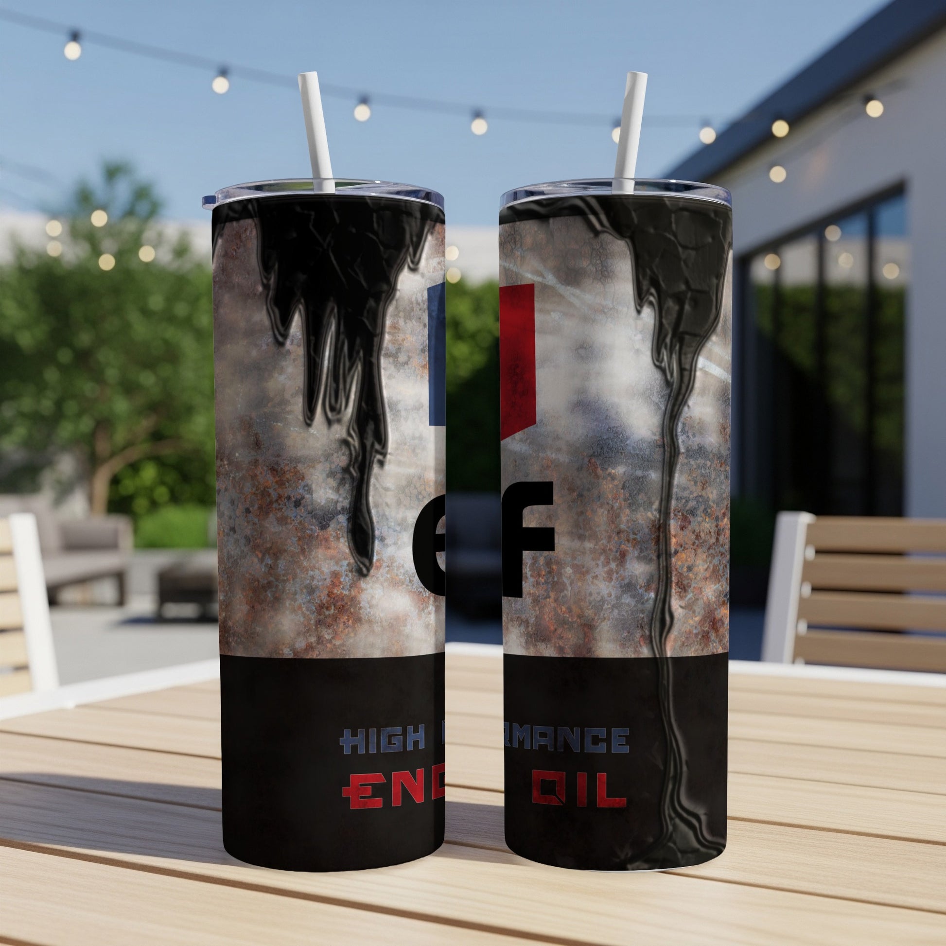 Tall tumbler with black oil-like graphic and "ELF HIGH PERFORMANCE ENGINE OIL" text.
