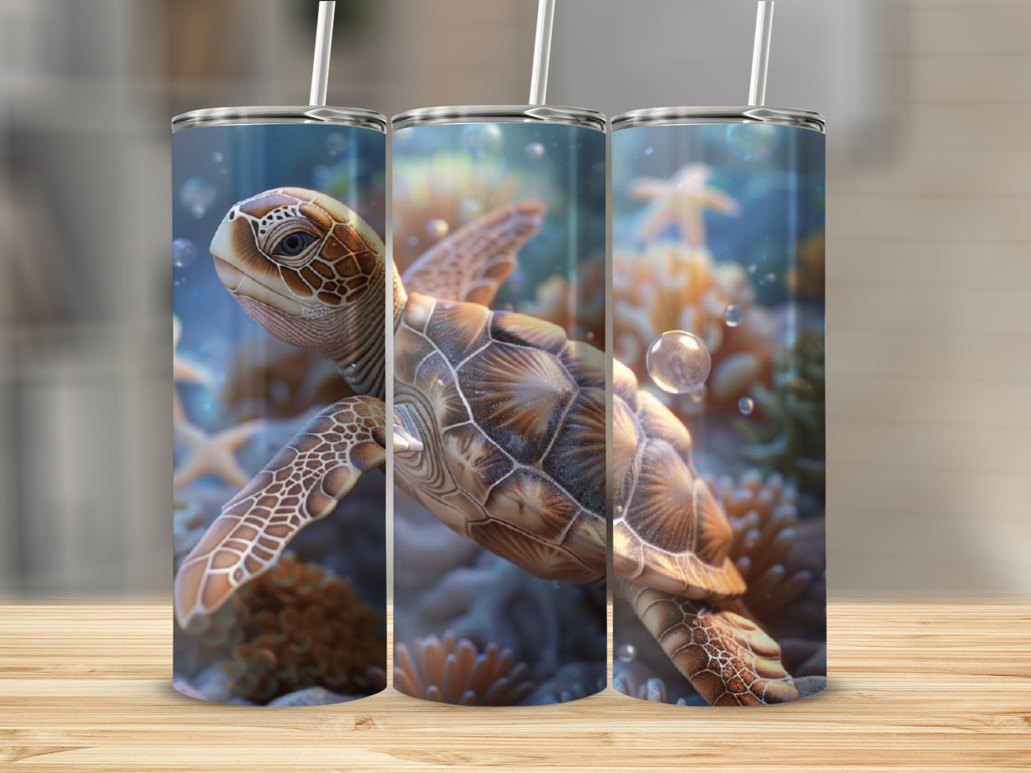 Sea turtle swimming underwater with coral and bubbles.