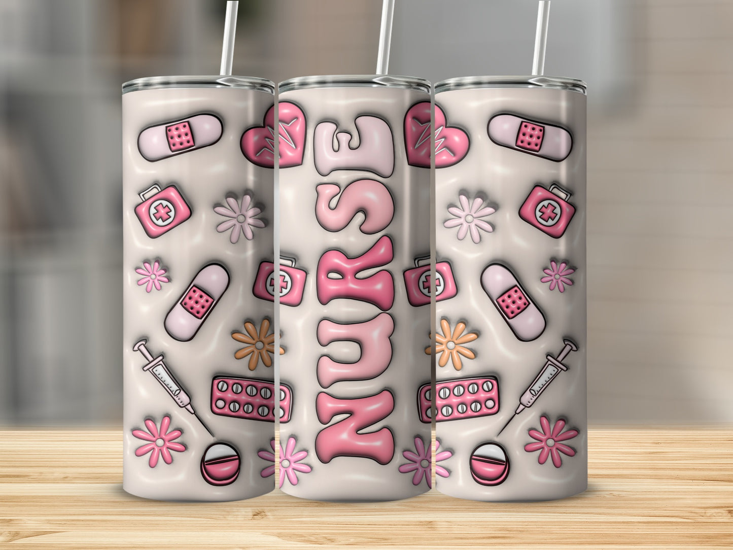 Pink nurse tumbler with medical icons and polka dots.