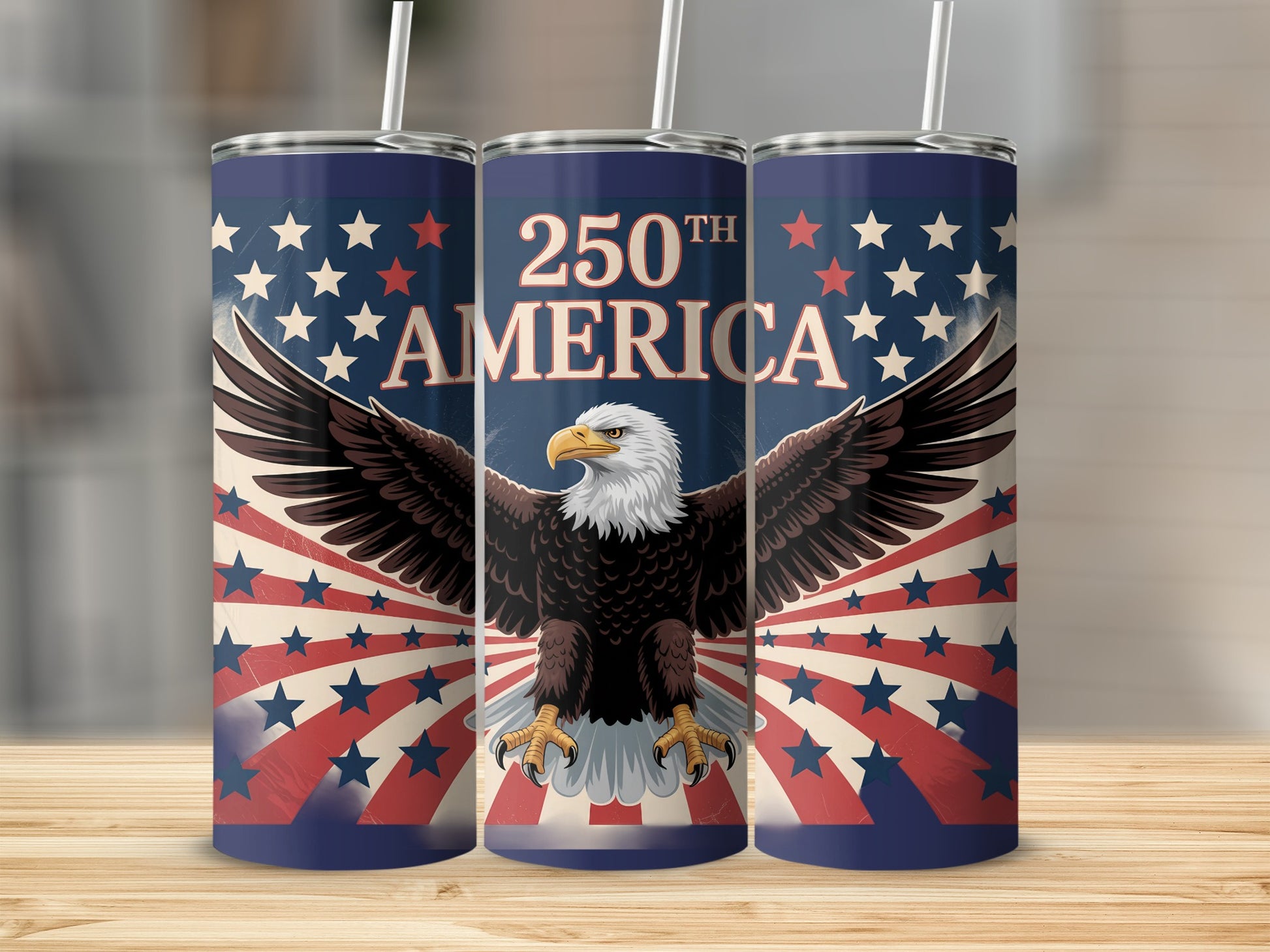 American eagle with outstretched wings on a 250th patriotic tumbler.