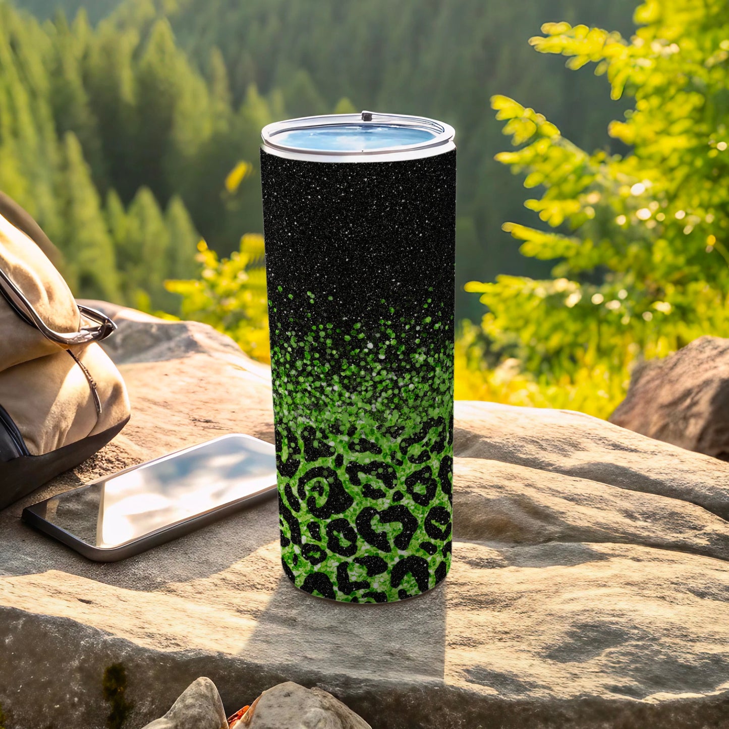 Green and Black Glitter Leopard Print Tumbler