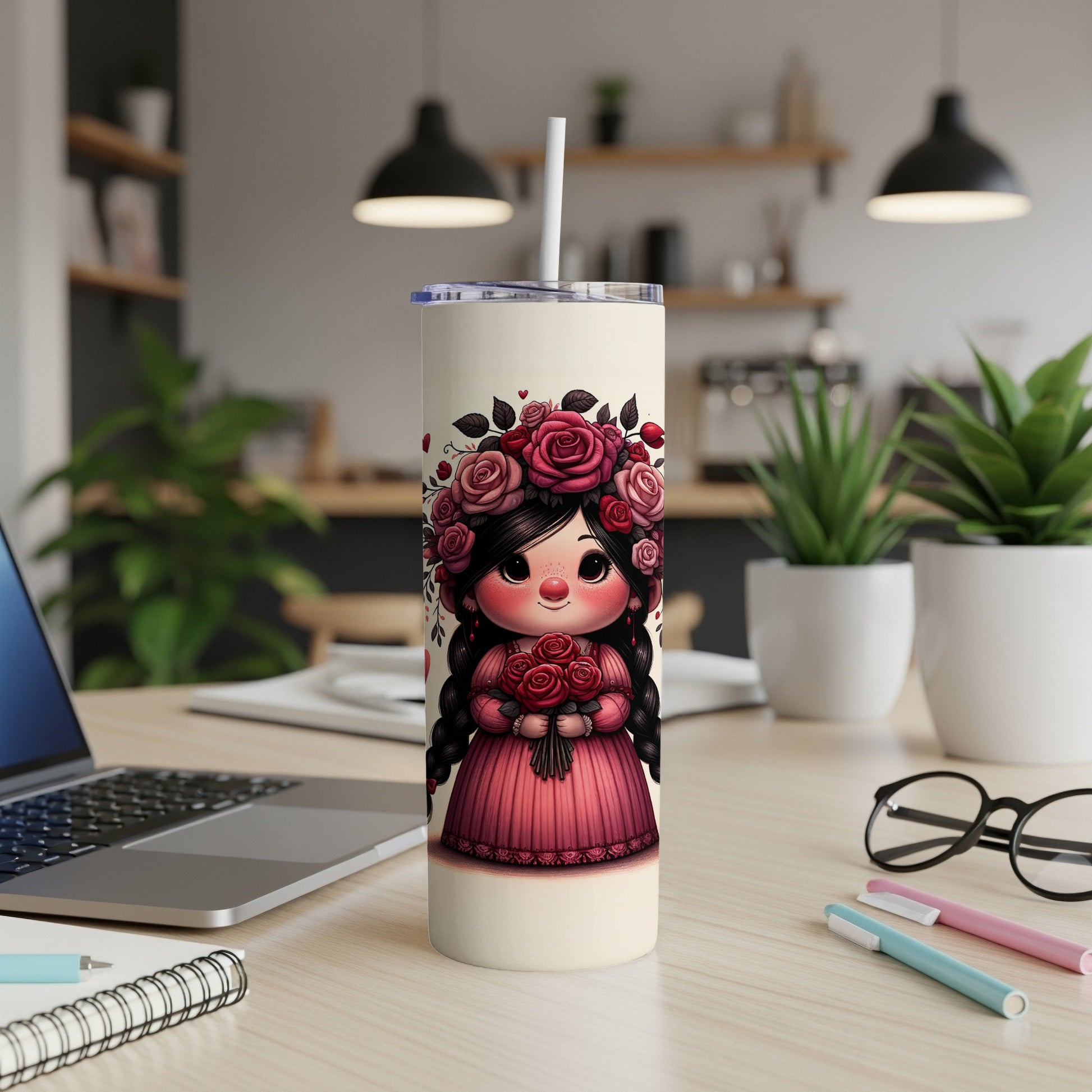 Tumbler featuring a cartoon girl in a pink dress holding roses.