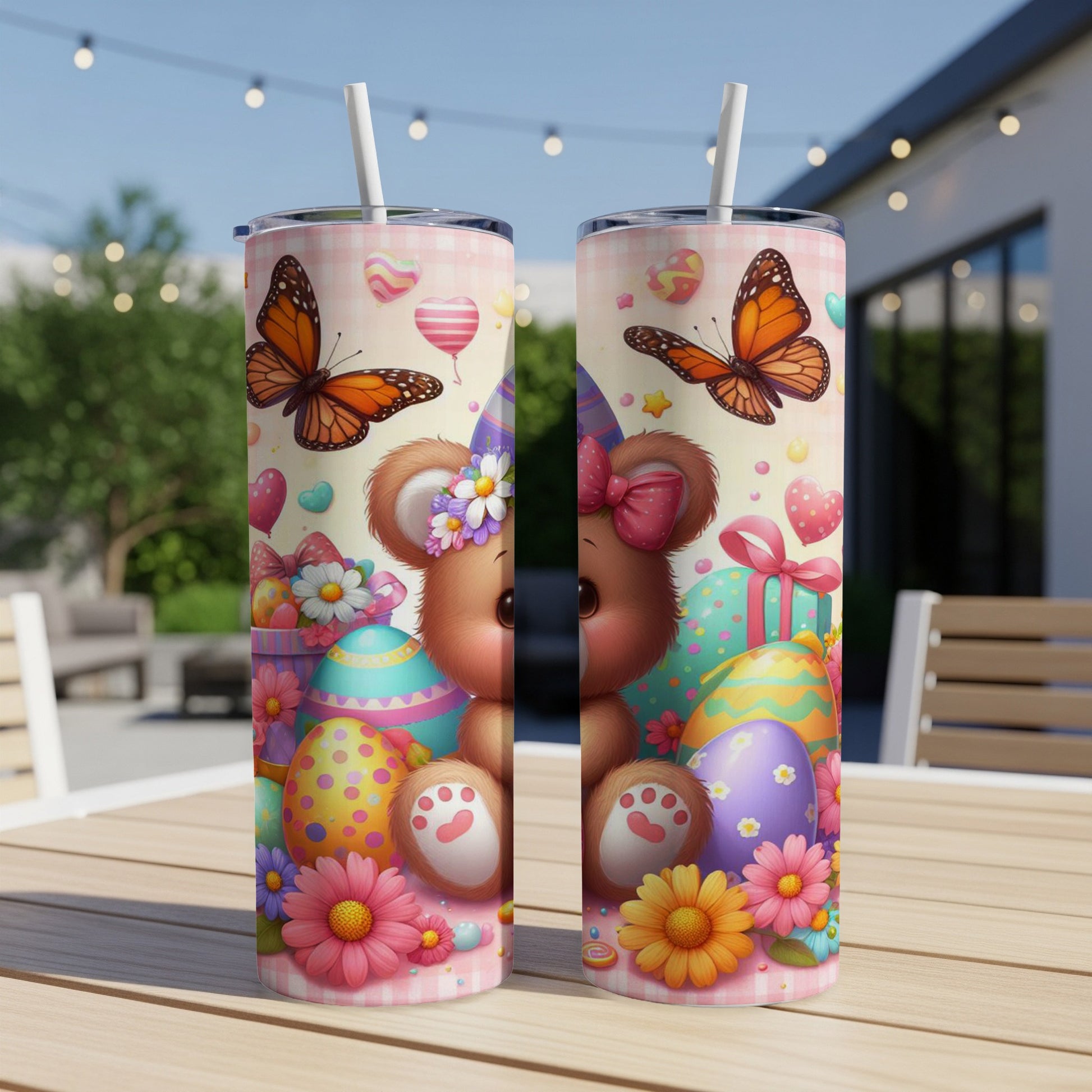 Teddy bear and Easter eggs on a floral patterned tumbler.