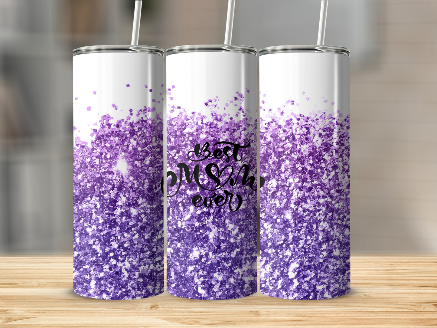 White tumbler with purple glitter gradient and "Best Mom Ever" text.