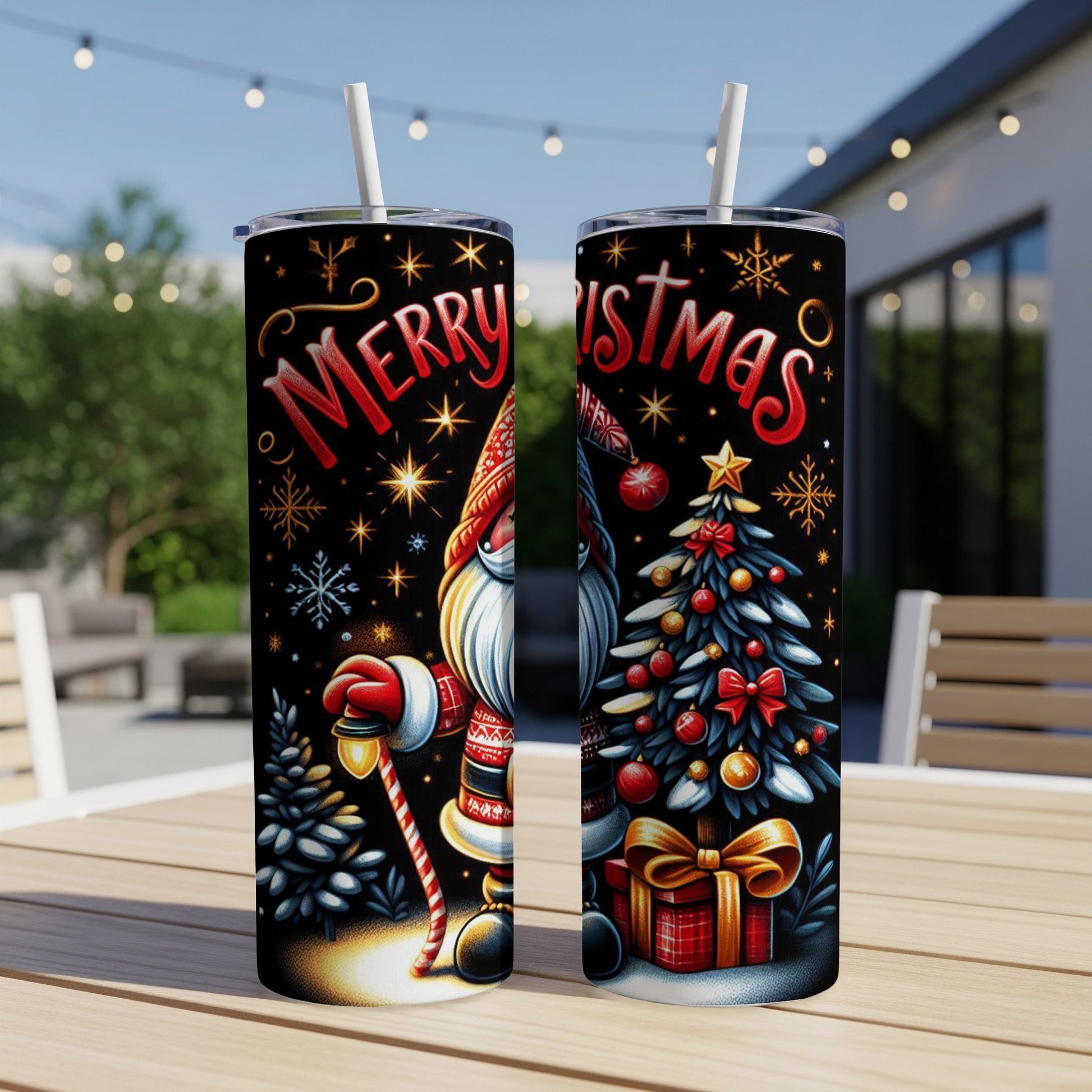 Two tumblers with gnome and Christmas tree design, "Merry Christmas" text.