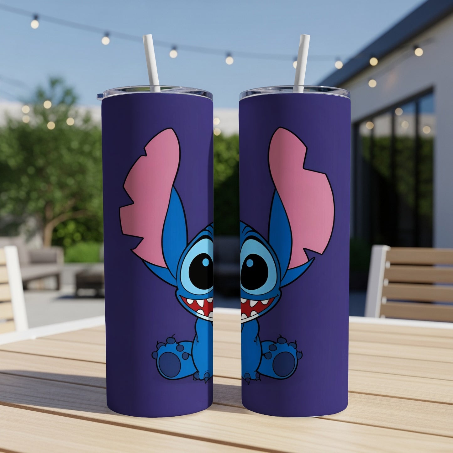 Two purple tumblers featuring Stitch with large ears and open mouth.