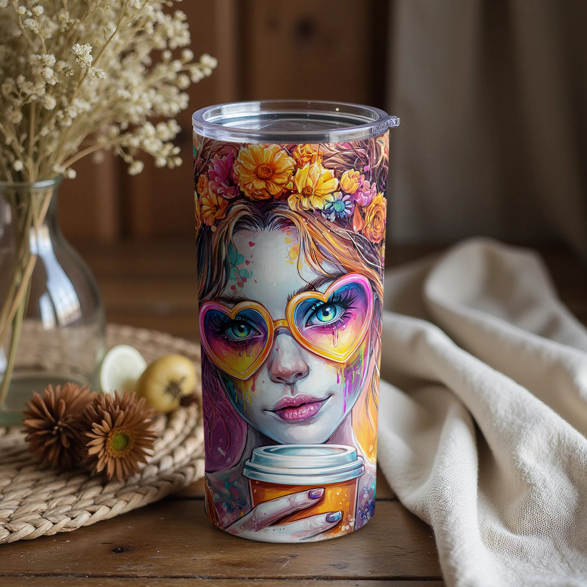 Vibrant Artistic Woman with Coffee Tumbler Cup