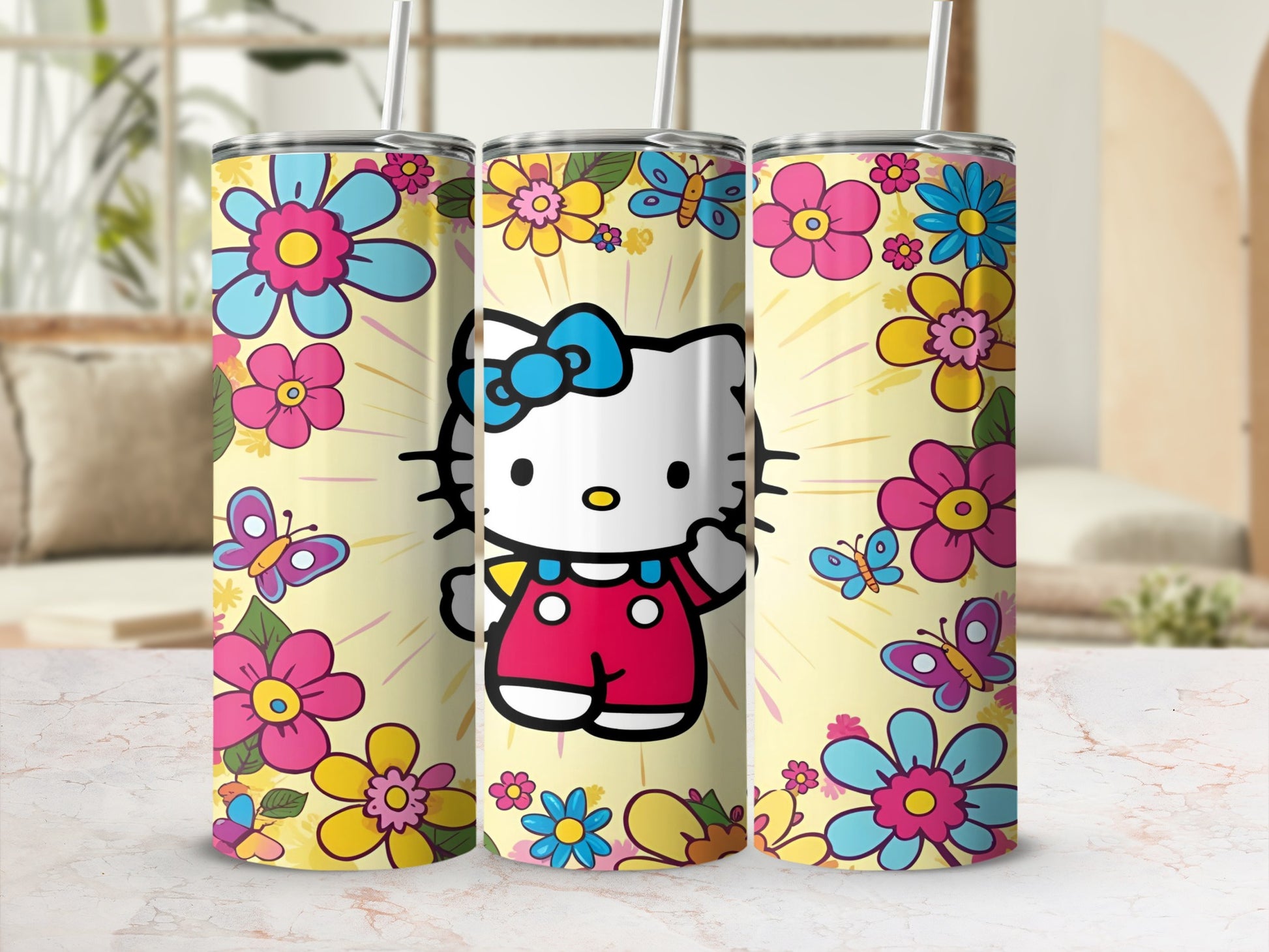 Hello Kitty in a red outfit with flowers and butterflies on a yellow background.