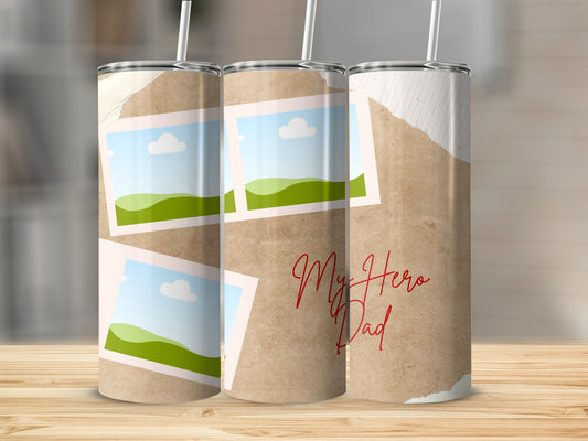 Tumbler with torn paper design, photos, and "My Hero Dad" text.