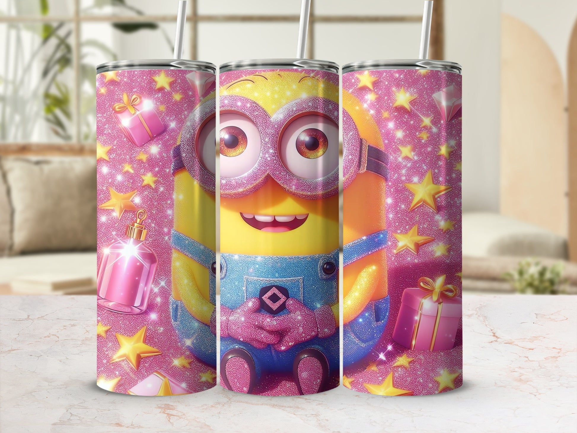 Sparkly Cartoon Character Pink Gift Tumbler Design