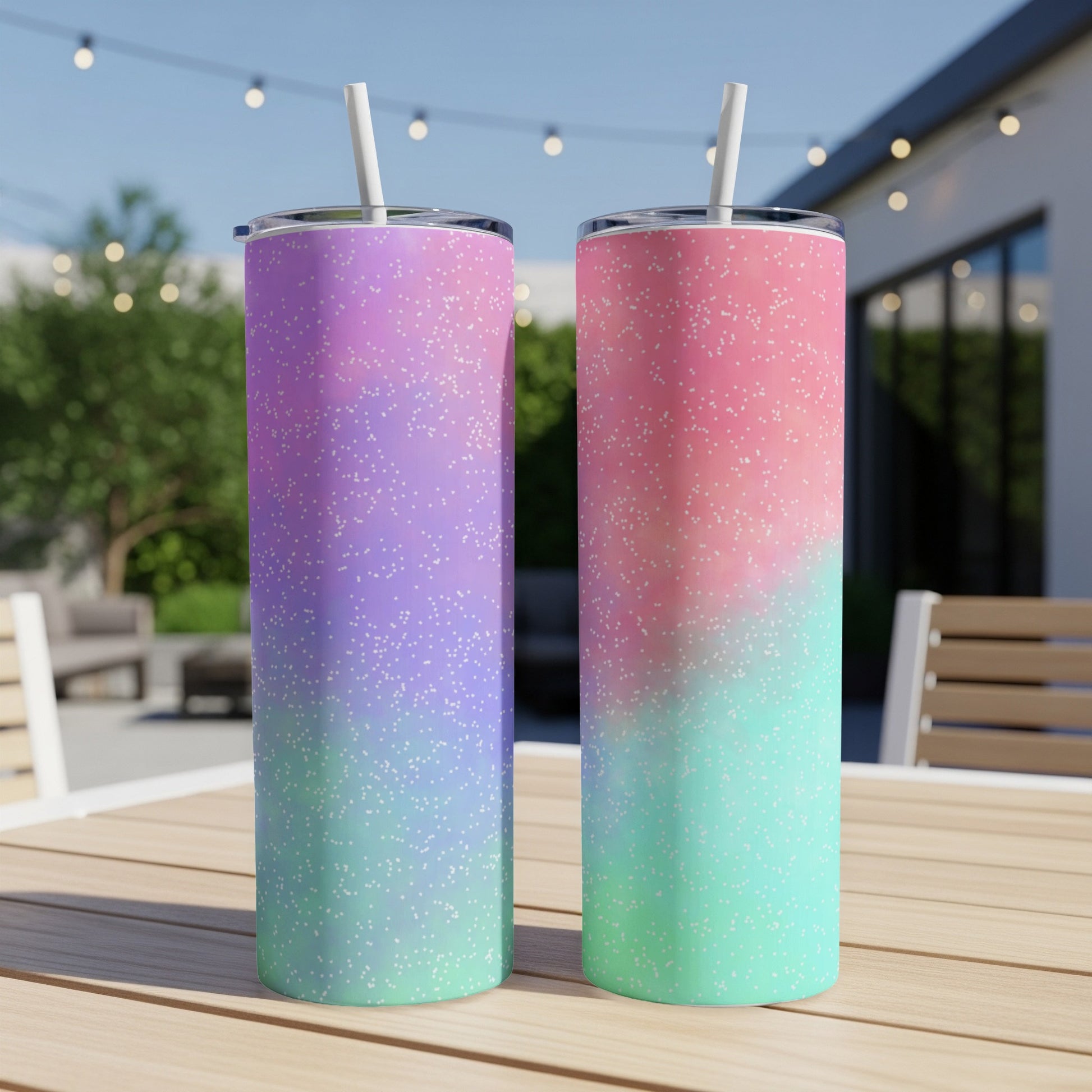 Two tall tumblers with speckled gradient designs of purple to blue and pink to green.