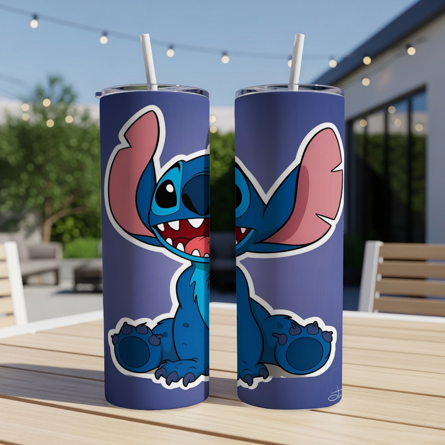 Blue Stitch character smiling wide on a purple background, on two tumblers.